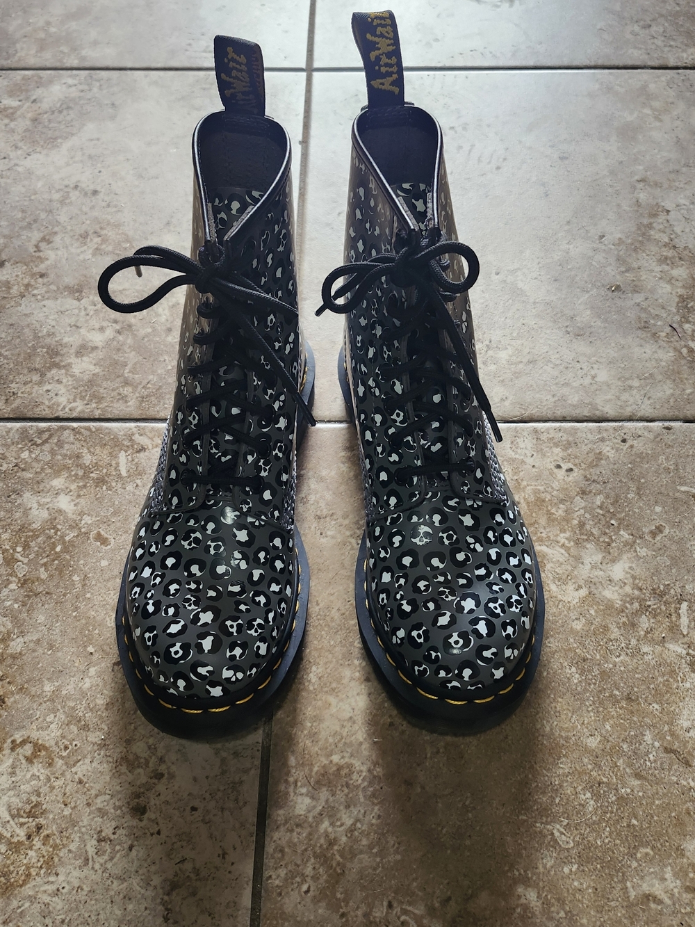 Dr. Martens Black and White Leopard Print Lace-Up Boots